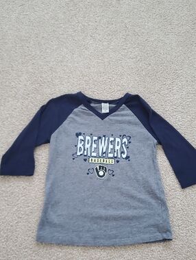 Milwaukee Brewers Baseball Kids Raglan Tee - 3/4 Sleeve- Gray & Navy, Size 6x